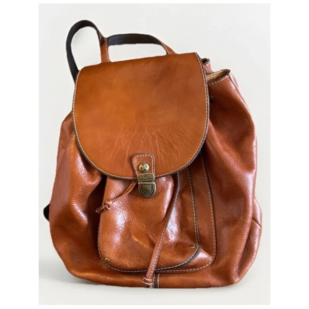 Patricia Nash Alencon Leather Backpack Cognac Drawstring Rucksack Handbag EUC